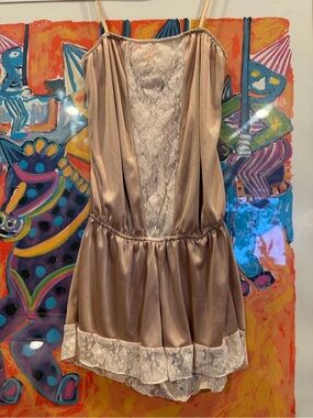 silence + noise Satin and Lace Neutral Romper - Beige